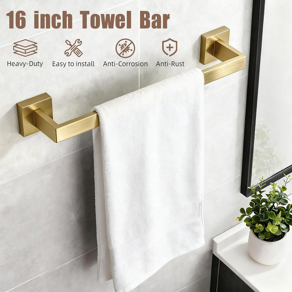 Brushed Gold Bathroom Accessories Hardware Set, 7-Pieces Stainless Steel Towel Racks , 16 Inch Towel Bar, Towel