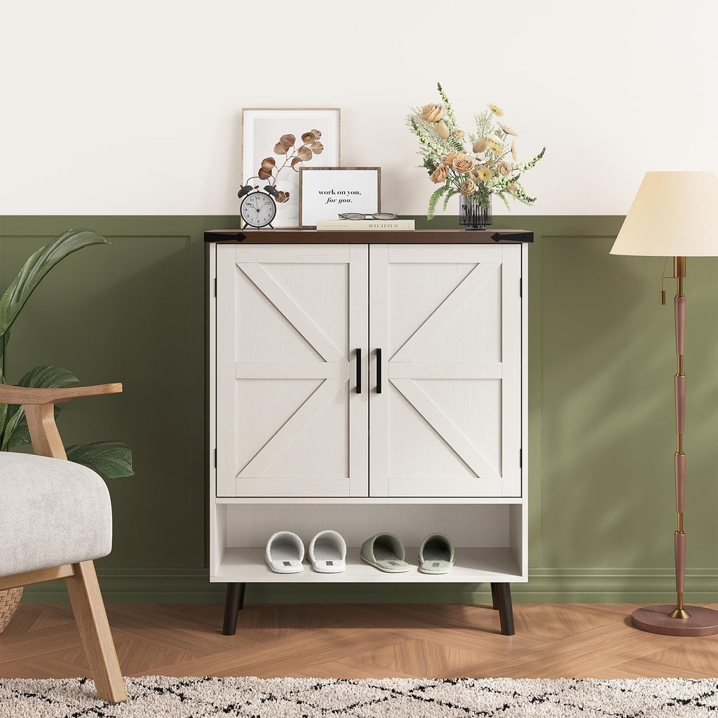 34" Tall Farmhouse Shoe Storage Cabinet with Barn Doors, White