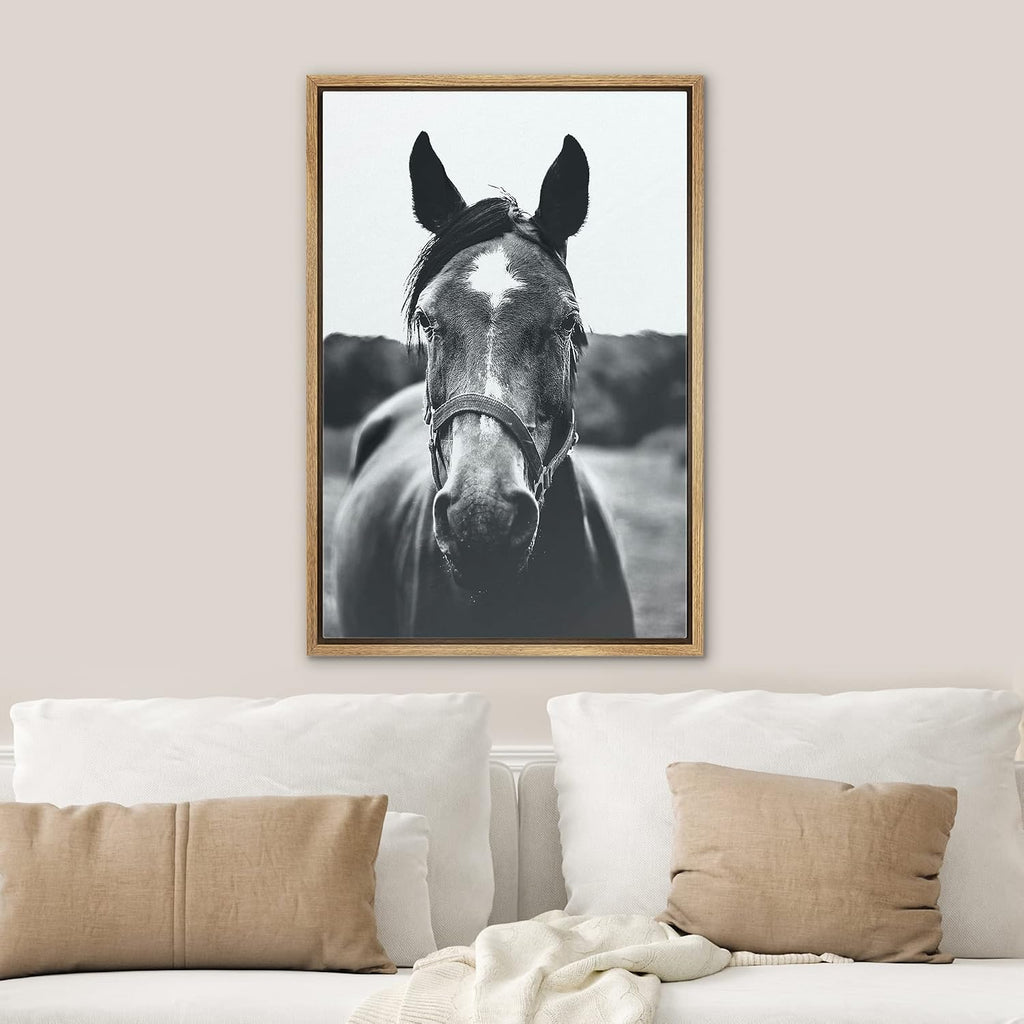Framed Canvas Wall Art High Contrast Horse Animals Black and White Duotone Expressive Grey Horse Living Room