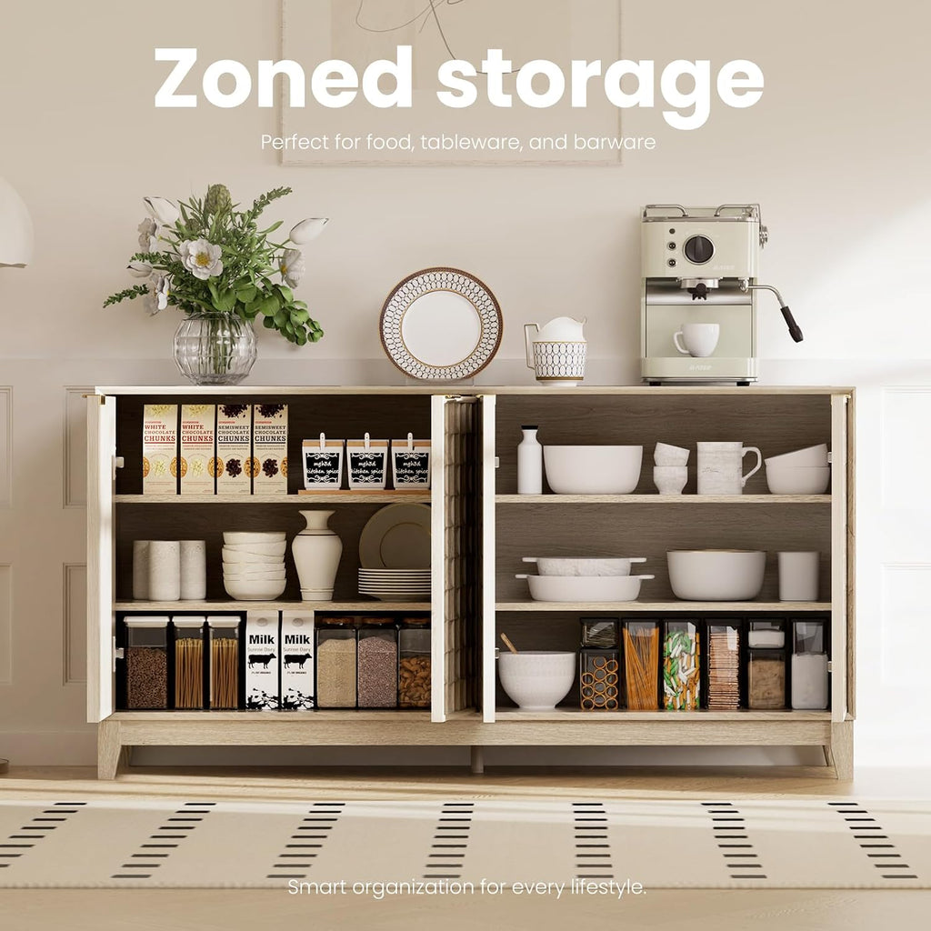 Fluted Sideboard Cabinet with Storage - Solid Wood Buffet for Dining Room, Credenza Console with Adjustable Shelves