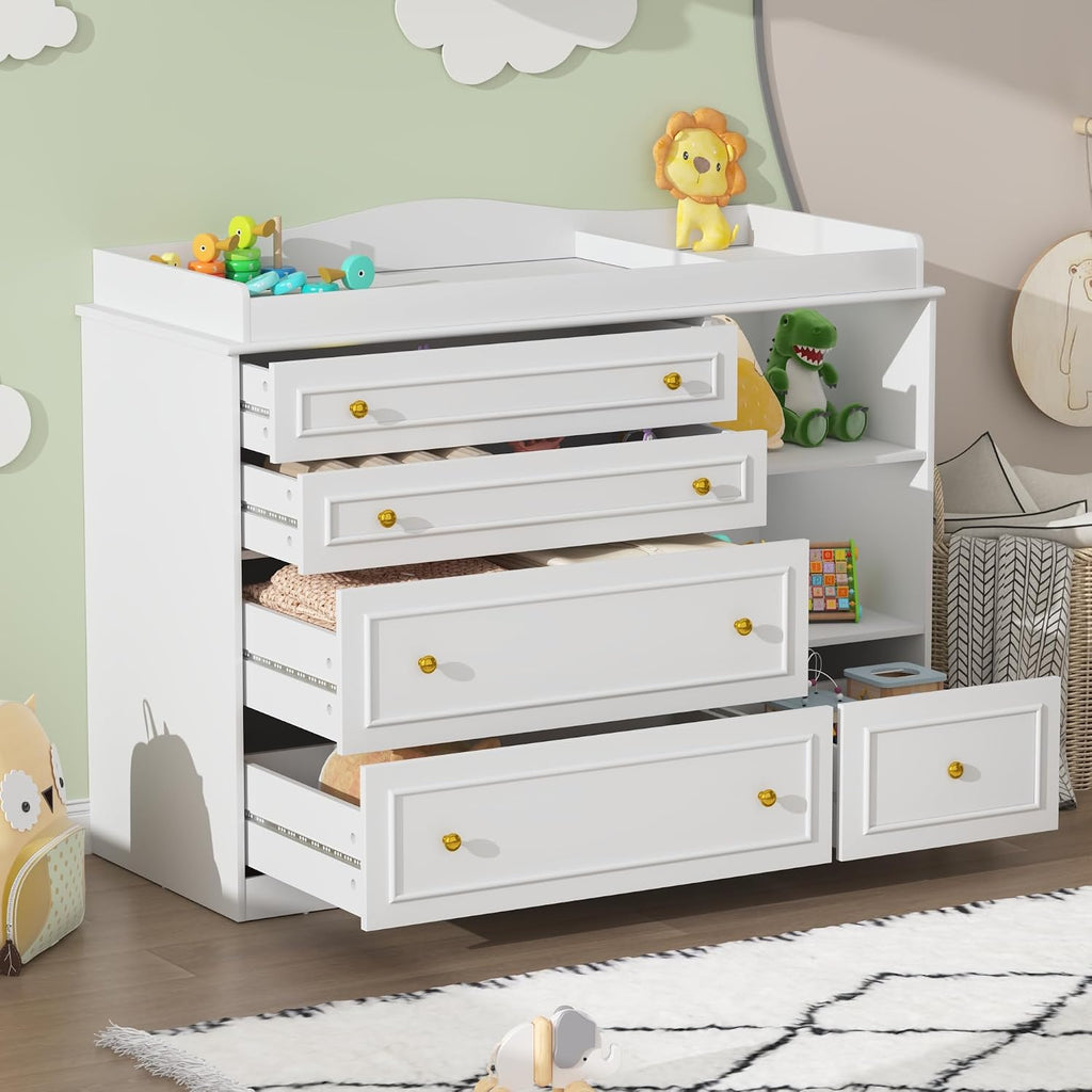 White Changing Table Dresser, Baby Nursery Dresser, Baby Diaper Changing Table, 5 Drawers, Adjustable Shelves, Metal