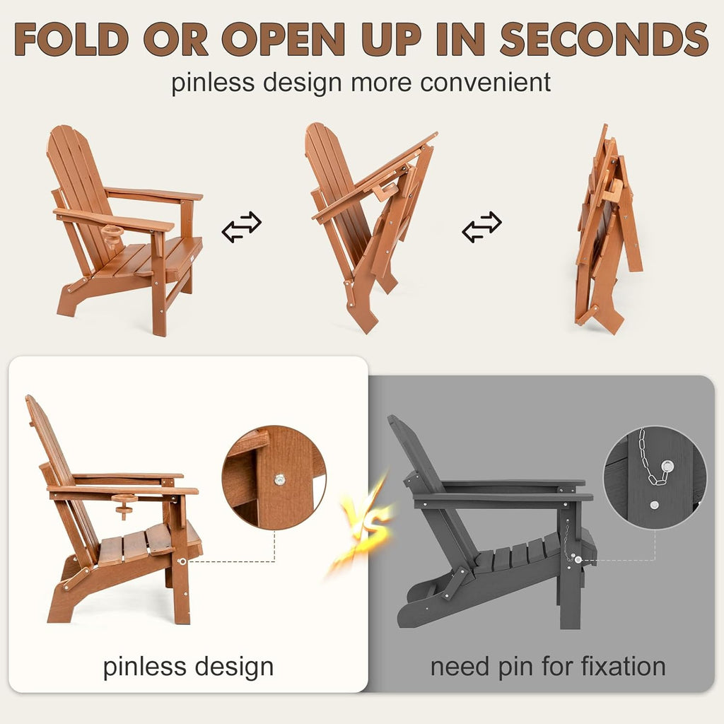 Folding HDPE Adirondack Chair 4-Pack, Gun-Leg Frame with Cupholder | All Weather Waterproof Heat Resistant, Wood