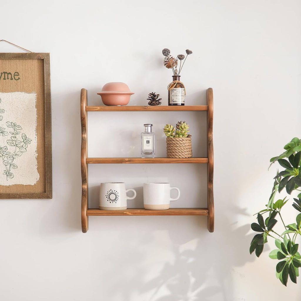100% Solid Wood Wall Shelf 3-Tier, Rustic Floating Shelves Wall Mounted Storage Rack, Farmhouse Decor Hanging Shelf