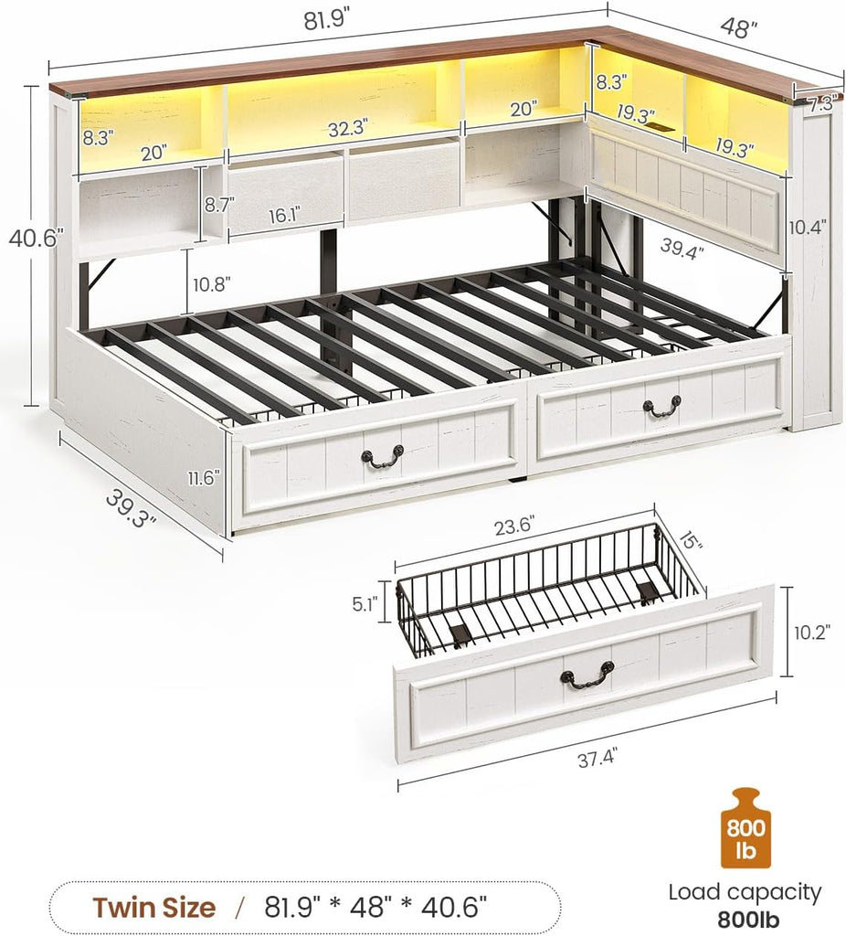 Twin Corner Bed Frame with Storage Drawers and Bookcase Hidden Headboard, Charging Station and Led Lights, Farmhouse