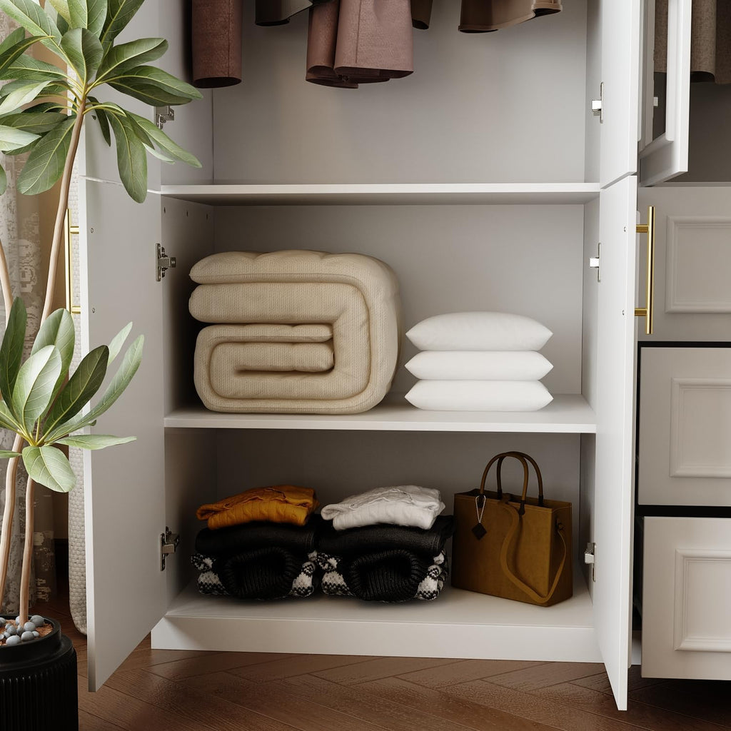 Wardrobe Closet Collection with Doors, Modern White Bedroom Armoire System with Gold Handles, Modern Clothes Storage