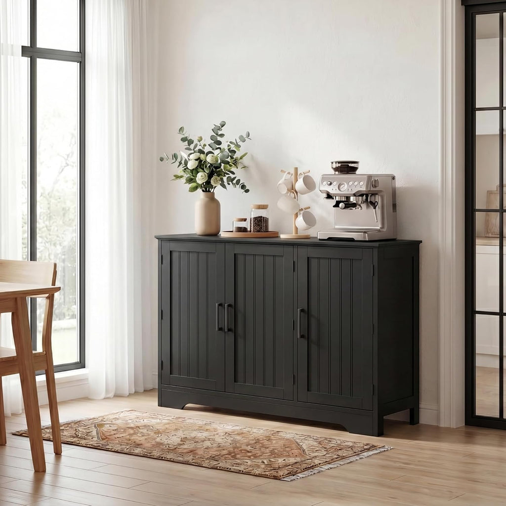 Modern Sideboard Buffet Cabinet with Adjustable Shelves | Coffee Bar Storage Cabinet, 3 Doors, Black