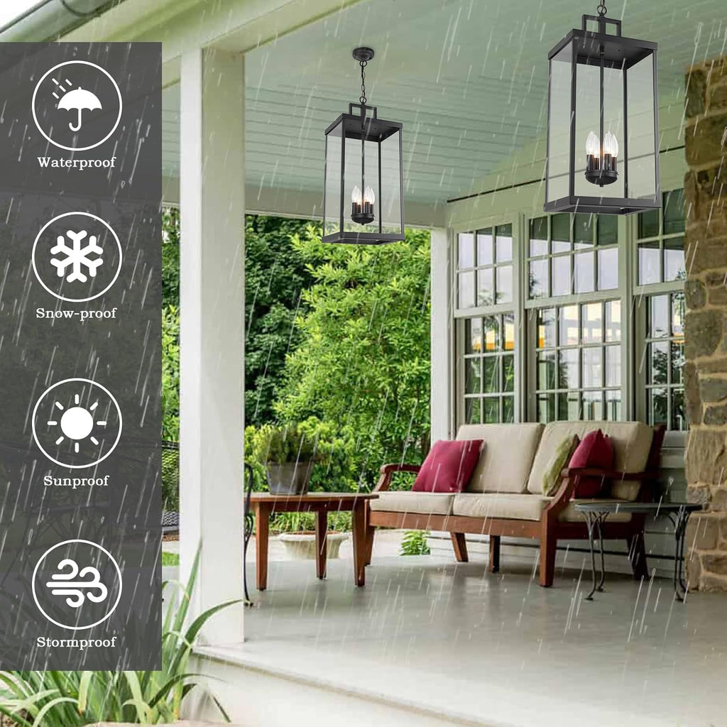 Outdoor Pendant Light, 25'' Large Hanging Lights Lantern Light, Modern Outside Chandelier with Clear Glass