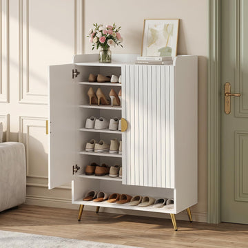 Shoe Storage Cabinet w/ Doors, Adjustable Shelves, Metal Leg, White