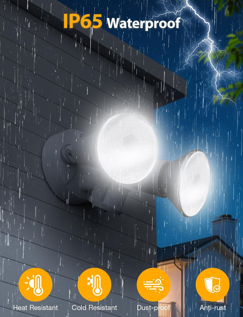 2 Head Motion Sensor Outdoor Lights, Adjustable Twin PAR38 Holder, 2 Pack Hardwired Outdoor Flood Light Fixture 300W