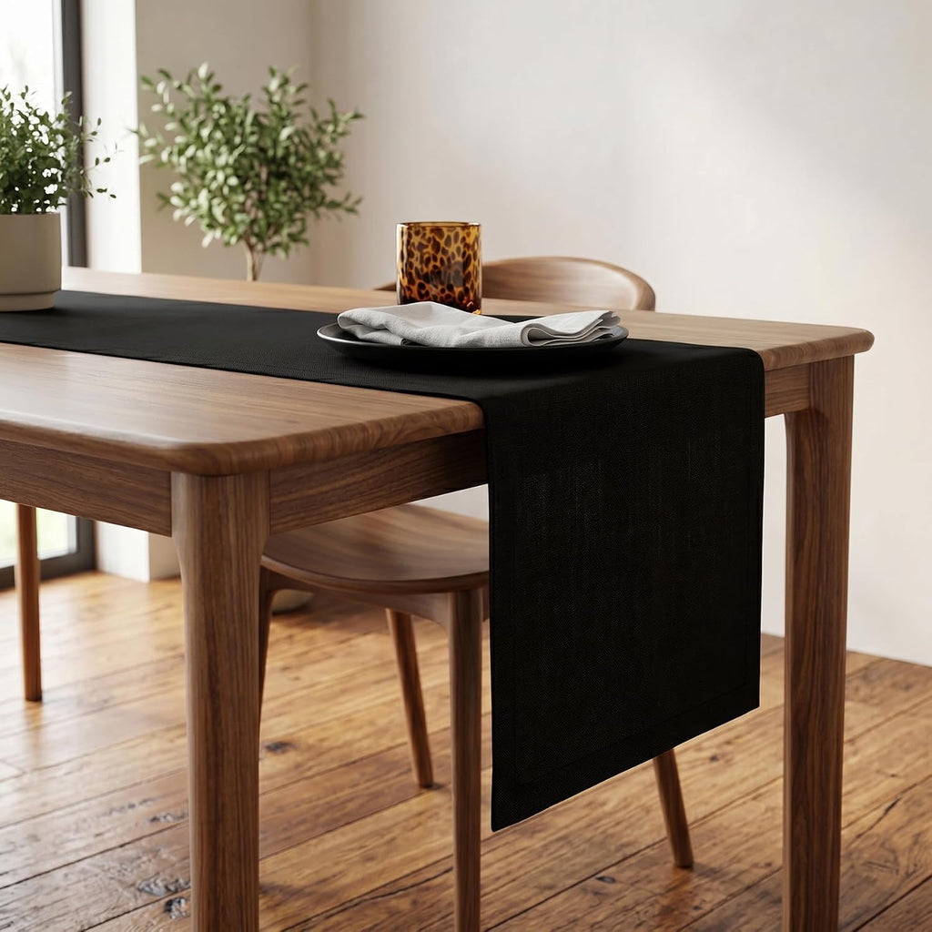 100% Linen Dining Table Runner Black Woven, Fete 14 x 60 in
