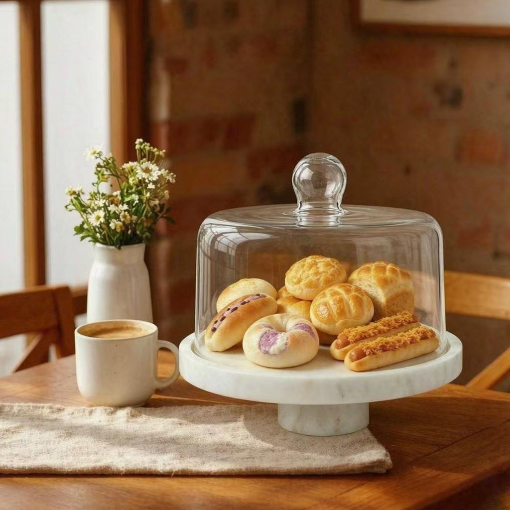 Marble Cake Stand with Glass Dome, Holds 9.84" Cake, with Lid