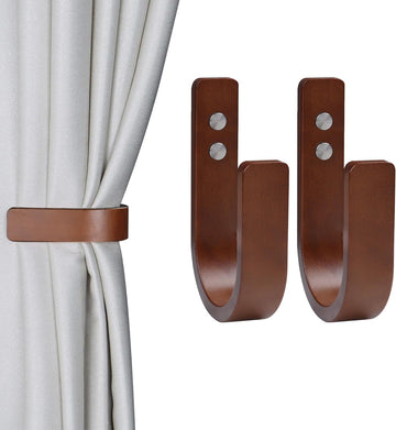 2 Set Curtain Tiebacks & Holdbacks - Natural Wood Wall-Mounted U-Shaped Hooks with Stainless Steel Screws, Durable