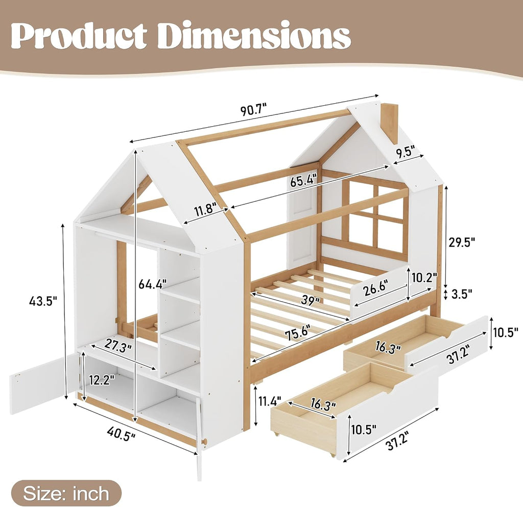 Twin Size House Bed, Solid Wood Platform Bed with Drawers and Wardrobe, House Shape Bed Frame with Built-in Shelves