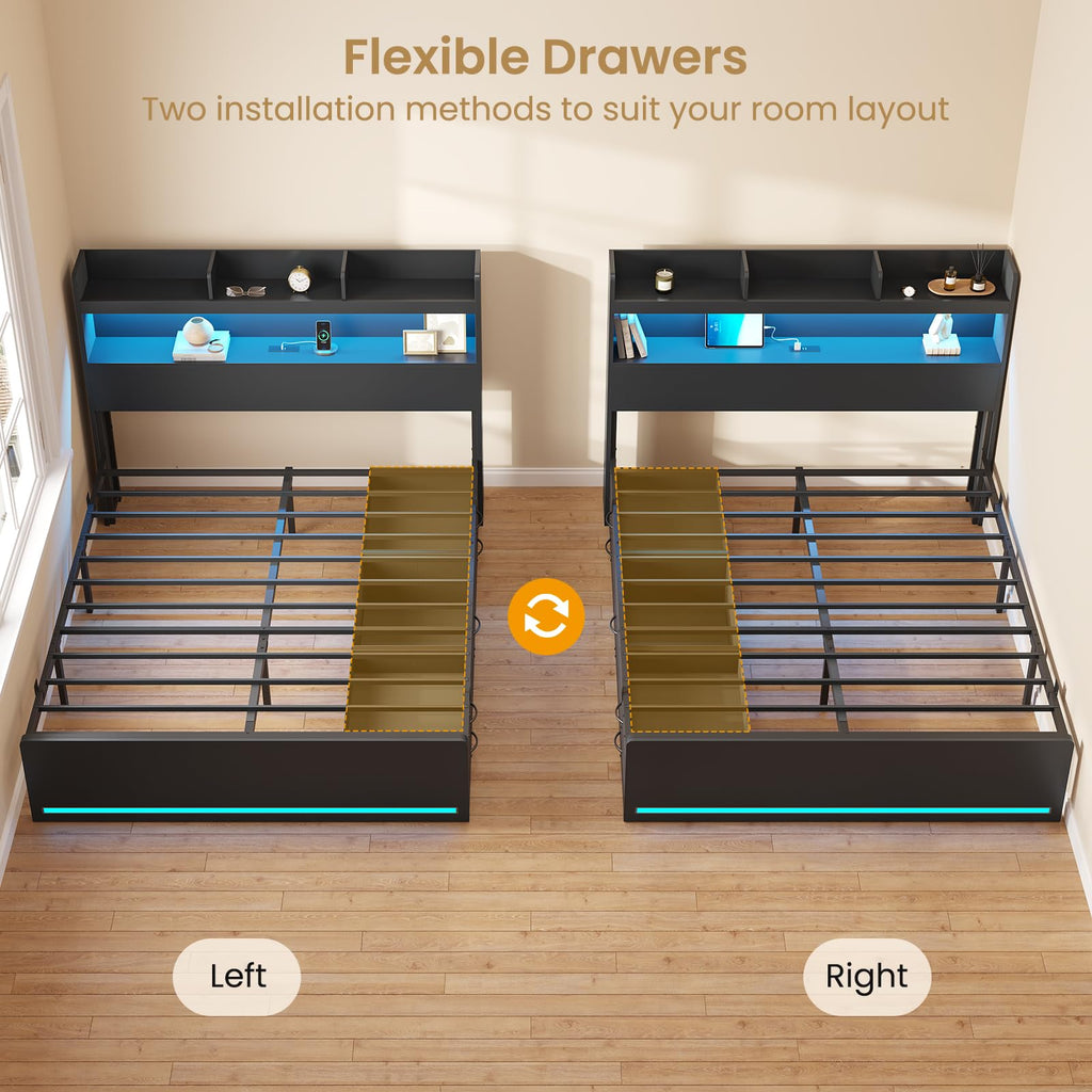 Queen Bed Frame with Storage Headboard & 5 Drawers, LED Bed Frame Queen Size with Charging Station, Wooden Platform