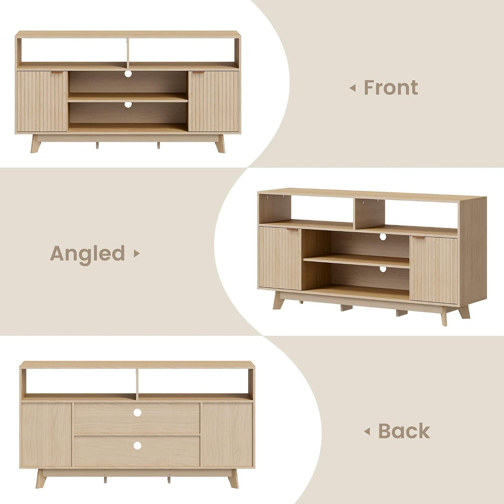 Mid Century Modern TV Stand, 59 Inches Entertainment Center with Storage, Tall TV Media Console with 2 Fluted Doors