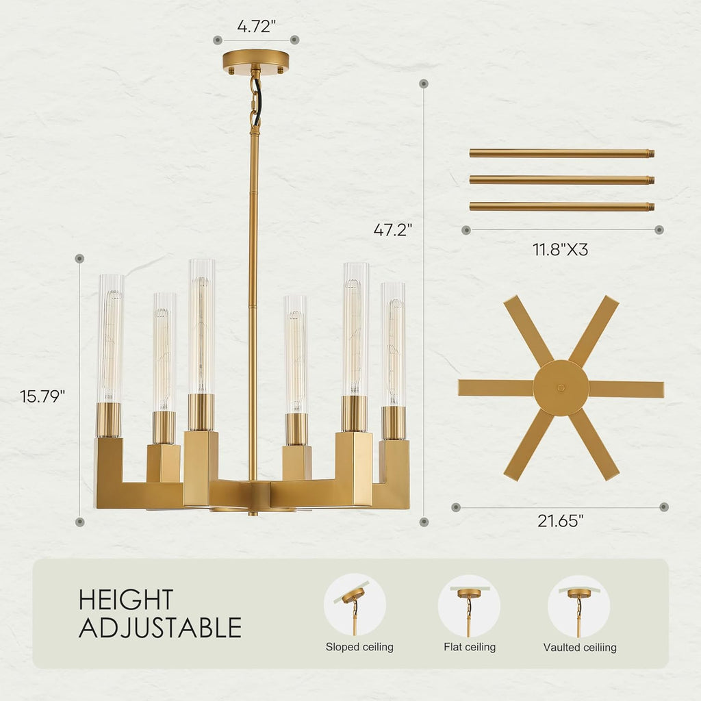 Inspired Cannele Style Brass Gold Chandelier with Striped Glass Shades, 6-Lights Adjustable Modern Pendant Light Fixtures for Dining Room,Kitchen Pendant Lighting Over Island, E26 Base (Included Bulbs)