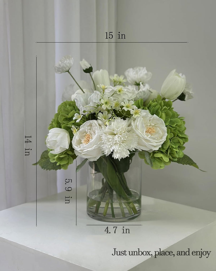 Artificial Flower Arrangement in Glass Vase with Realistic Fixed Water - Lifelike Roses, Hydrangeas, Tulips &