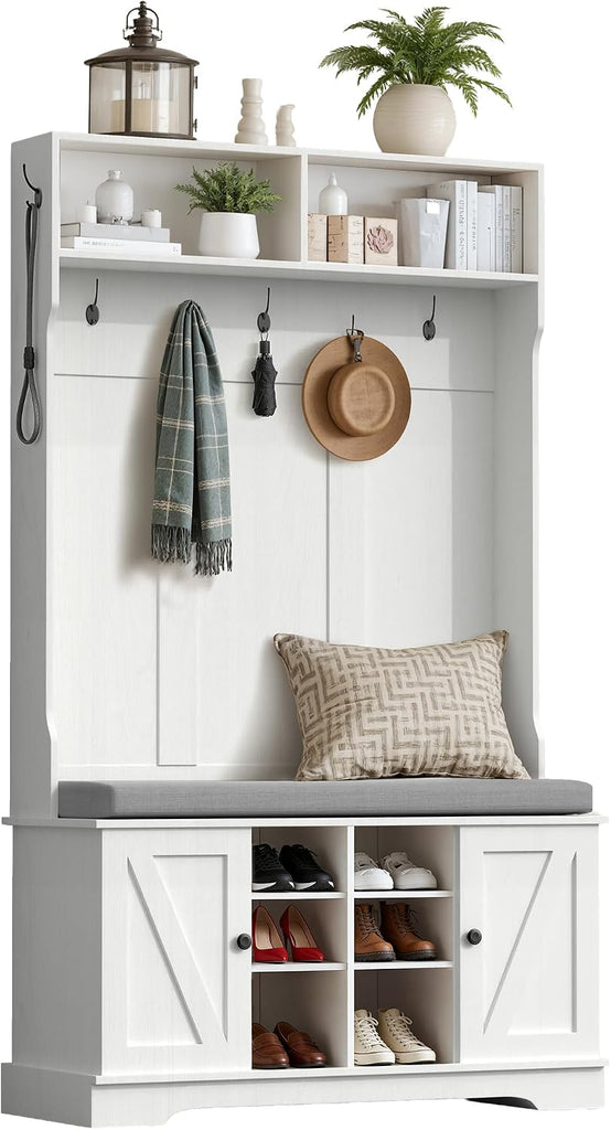 71" Hall Tree with Bench and Shoe Storage, Entryway Hall Tree with 2 Doors and 6 Adjustable Shelves, Cushioned
