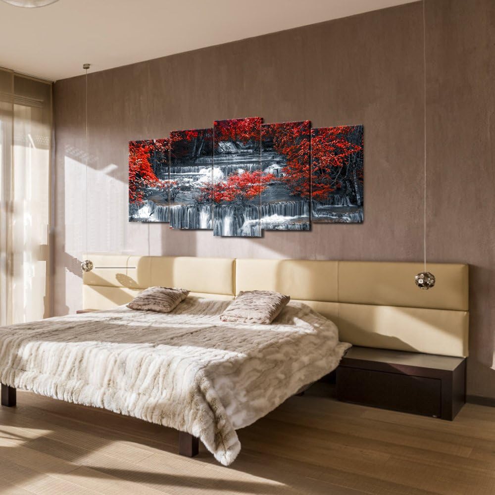 5 Pieces Large Black and Red Canvas Wall Art Waterfall Nature Landscape Picture Print, Living Room Office Decoration