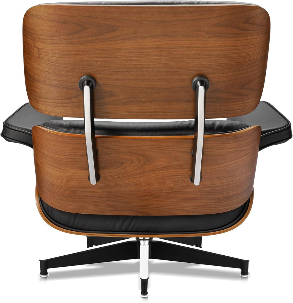 Mid-Century Modern Lounge Chair & Ottoman — Black Bonded Grain Leather, Light Walnut Base, Extended Chaise