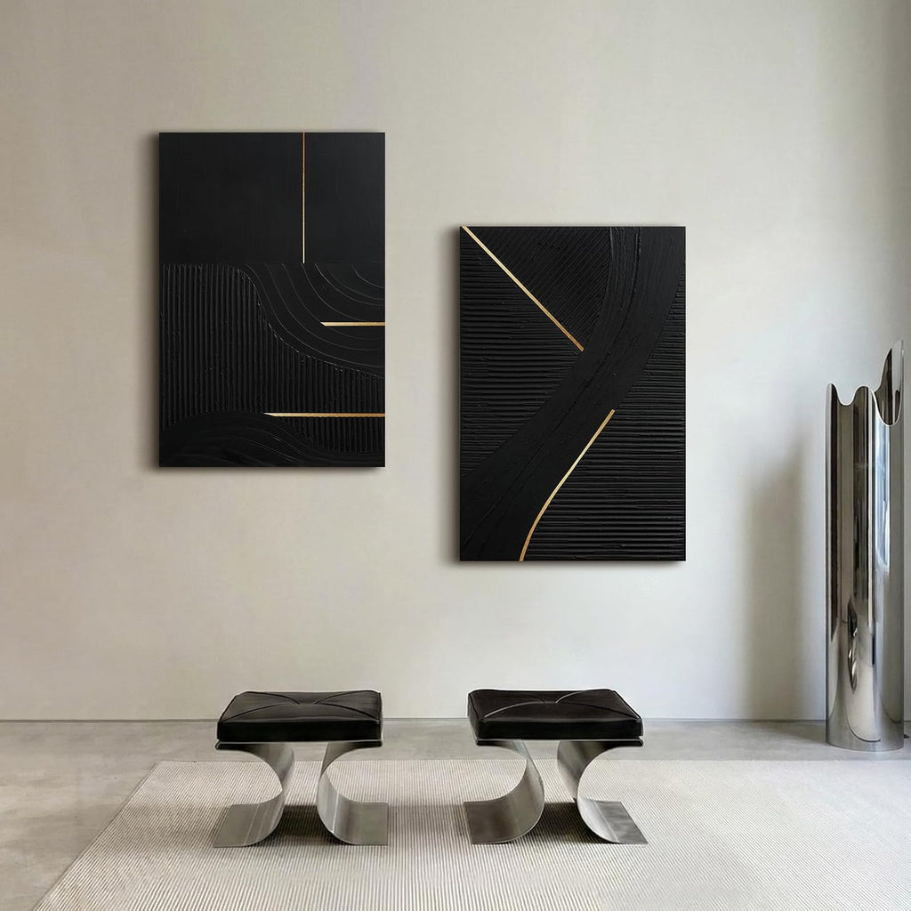 Hand-Painted Black & Gold Abstract Wall Art, Modern Textured Oil Painting | Original Canvas Artwork Bedroom