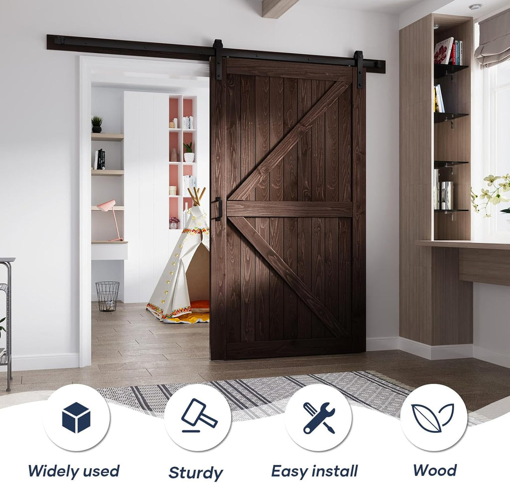 48in x 84in Brown Wood Barn Door with 8ft Barn Door Hardware Track Kit Included, Double Surfaces,Sim