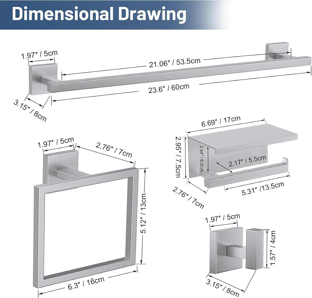 5-Pieces Brushed Nickel Bathroom Hardware Accessories Set 23.6" Towel Bar Set Wall Mounted Square Toilet Paper Holder