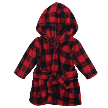 Unisex Baby Plush Animal Face Bathrobe, Red Black Plaid, 0-9 Months