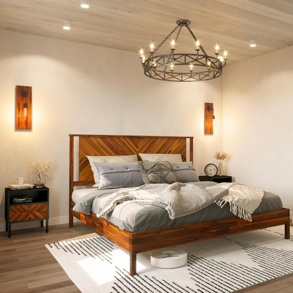 Vivian 14 Inch Deluxe Bed Frame with Headboard, Rustic & Scandinavian Style with Solid Acacia Wood