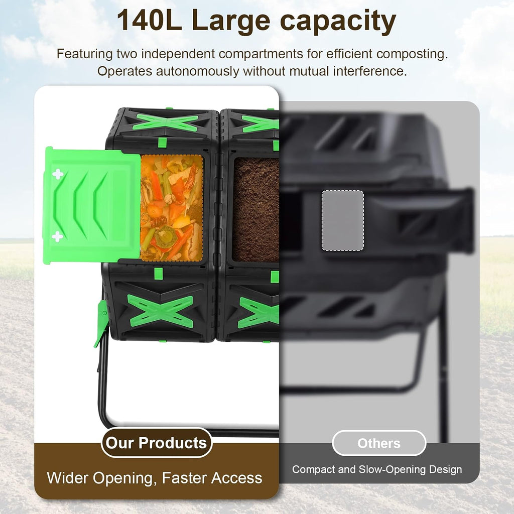 140L Dual Chamber 360 Degree Rotating Large Composter with Sliding Door