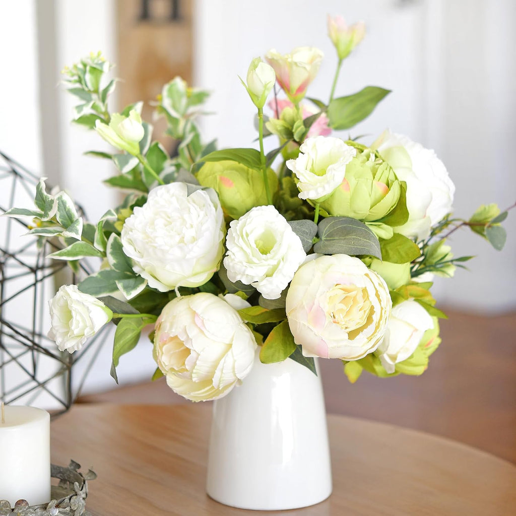 Artificial Peony Bouquets, 2 Cream Beige & Moss Green Silk Flower Bundles for Wedding Centerpieces & Home Decor