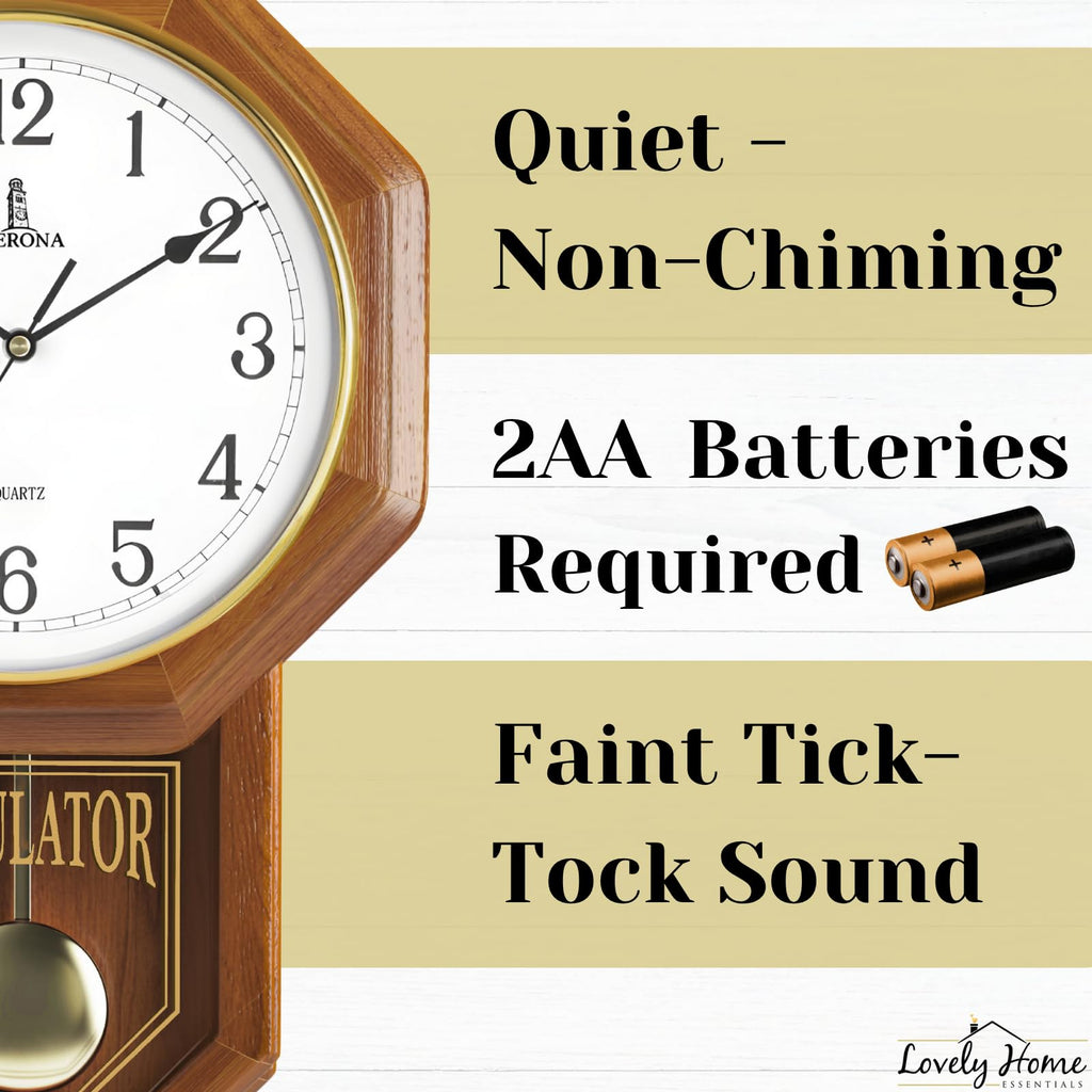 Pendulum Wall Clock Battery Operated, Real Wood Regulator Clock, Quiet