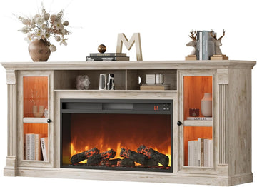 Farmhouse Fireplace TV Stand Up to 80" TVs, 70" Modern Highboy Entertainment Center with 36" Electric Fireplace & LED