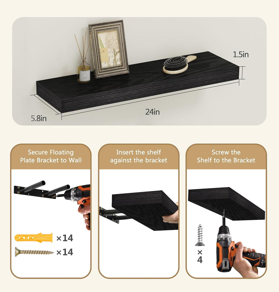 Black Rustic Floating Wall Shelves 24in Set of 3 Hidden | 3 Black Floating Shelves 24in , Rustic Wood Invisible