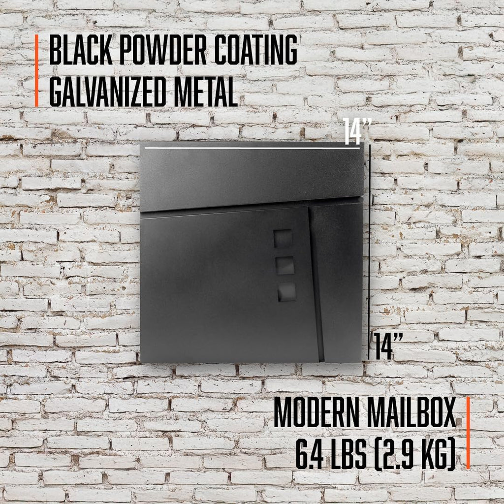 Modern Wall Mounted Outdoor Mailbox - 14" x 14" Black Galvanized Steel Mailbox with Newspaper Holder & 2 Security Keys
