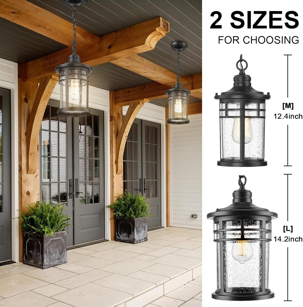 Outdoor Pendant Lights for Porch, Outdoor Chandelier Hanging Porch Lights Ceiling Mount Aluminum with Seeded Glass