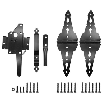 8" Heavy Duty Decorative Strap Hinges and Spring Loaded Latch Kit with Screws for Outdoor Fence Swing Gate Black