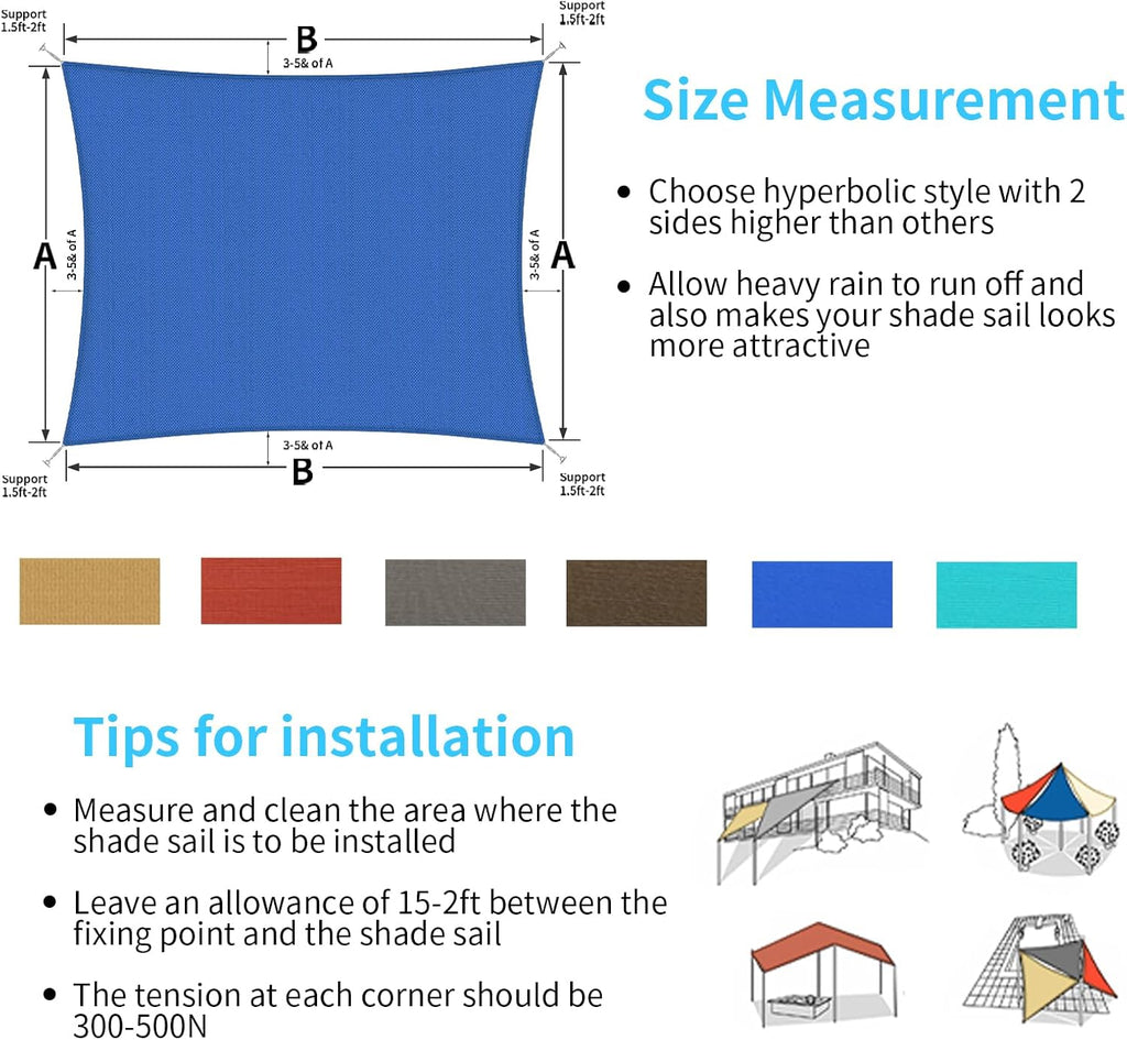 Shade Sail 14'X14' Rectangle Blue Breathable UV Block Outdoor Canopy for Backyard Patio Pergola Garden Deck(We Make