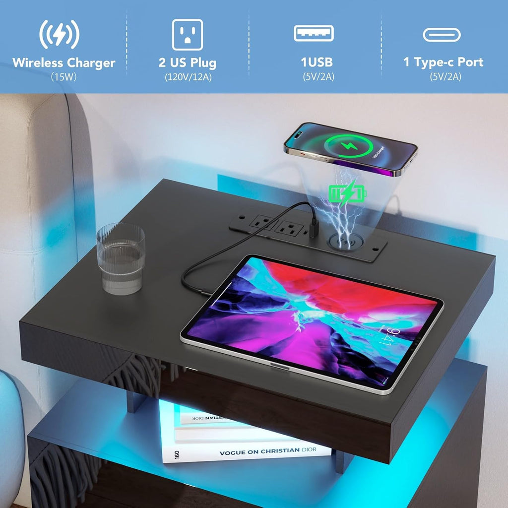 LED Nightstand with Wireless Charging Station & USB Ports, Modern Bedside Table, 3 Drawer Black Night Stand with Open