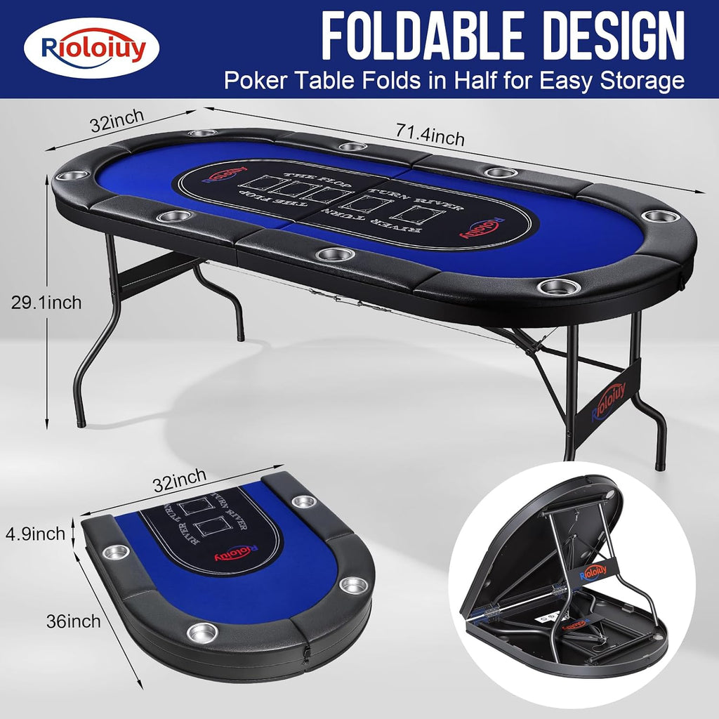 8 Player Poker Table Foldable, Texas Holdem Casino Table with Padded Rails & Cup Holders, Portable Folding Game Table