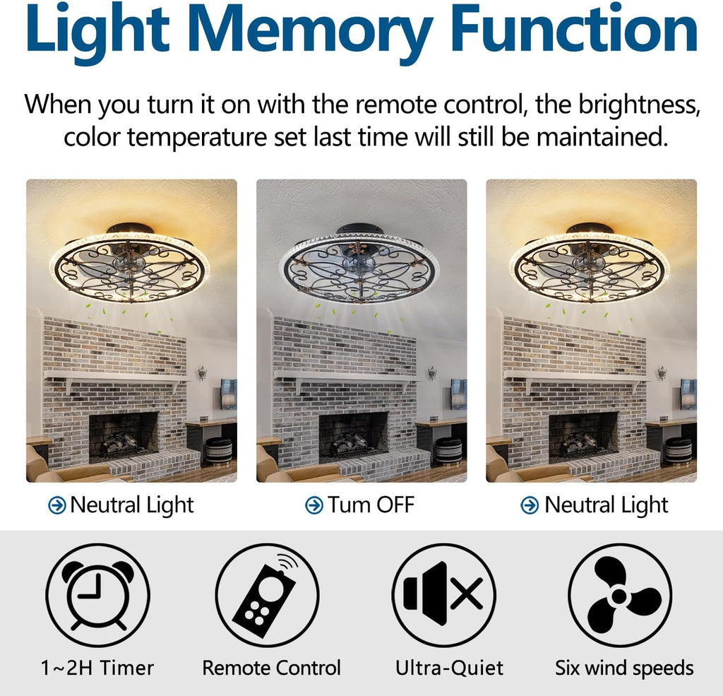 Caged Ceiling Fan with Lights Remote Control, 6 Speeds 3 Color Farmhouse Industrial Ceiling Fan with Light