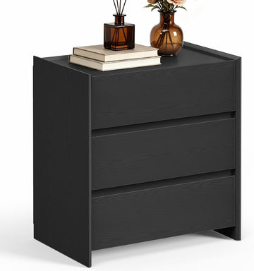 Black Night Stand with 3 Drawer, Modern Wood Nightstand with Spacious Storage, Smooth Glide Drawers Sturdy Bedside