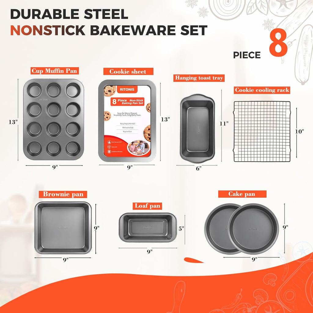 8-Piece Pans Set, Nonstick Set, Glove Included | Non-Toxic Bakeware ,Superior Non-Stick ,Even Heat, Warp Resistant
