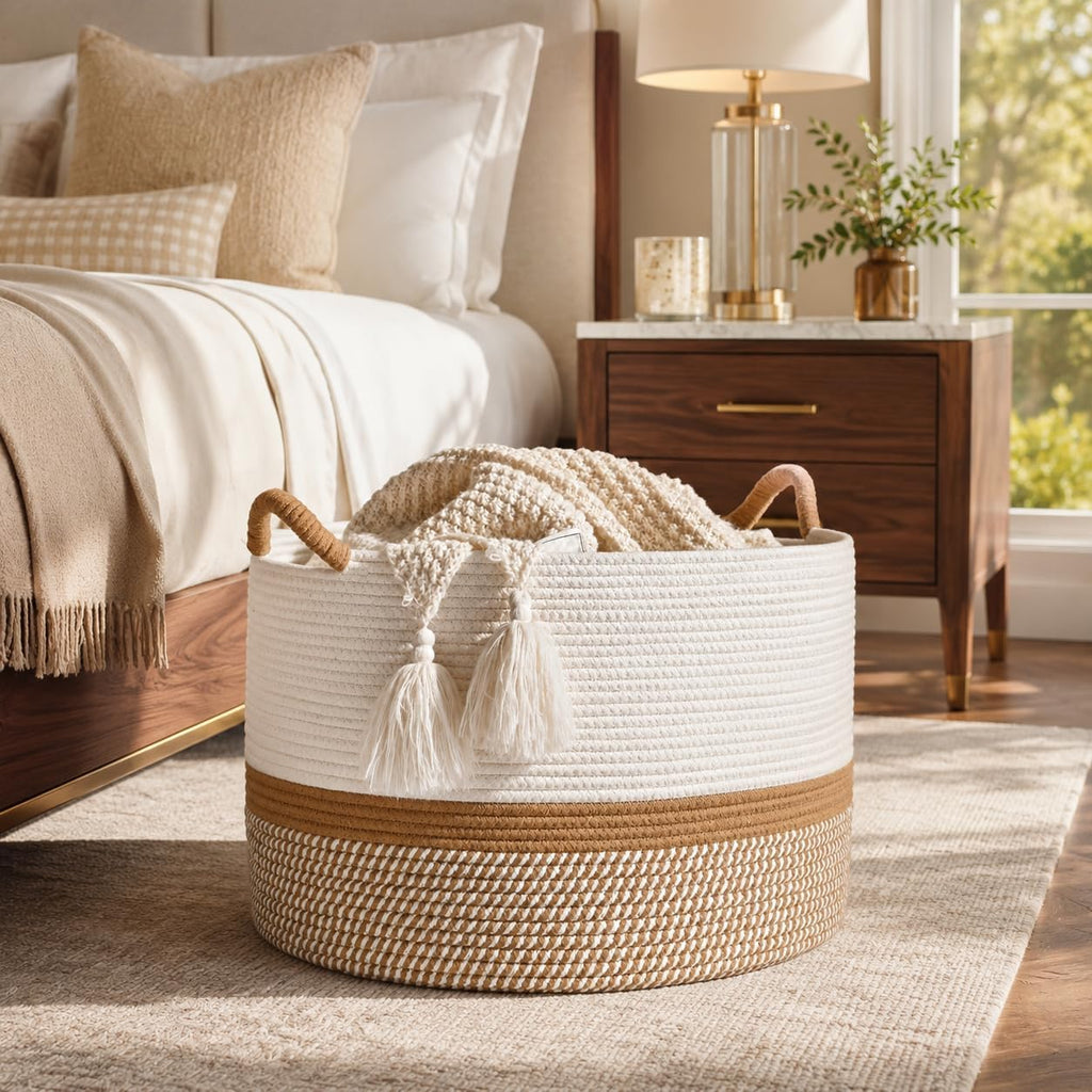Large Blanket Basket with Handles, Storage Basket | Extra Large Capacity | Blanket Storage | Laundry Basket | Natural