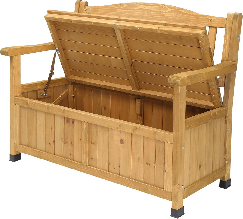 Outdoor Wooden Storage Bench, Large Deck Box with Seating & Armrest, Patio Organizer Loveseat for Garden Porch