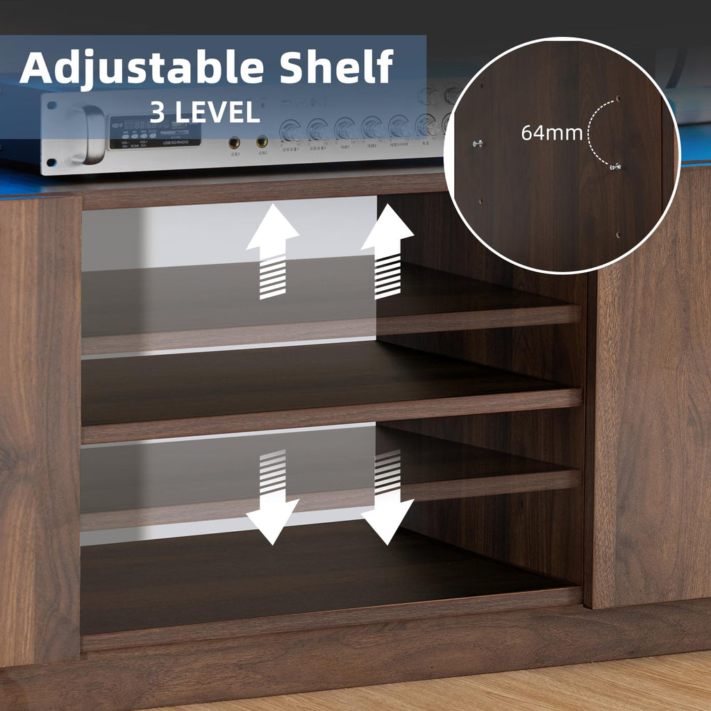 Modern LED TV Stand for 65 Inch TV, Walnut TV Console with Power Outlet, Entertainment Center with Storage for