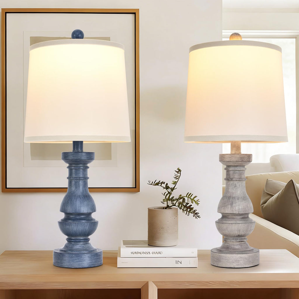 2 Pack Distressed Blue Resin Table Lamps, 22" Rustic Farmhouse Bedside Lamps with White Fabric Shades Living Room