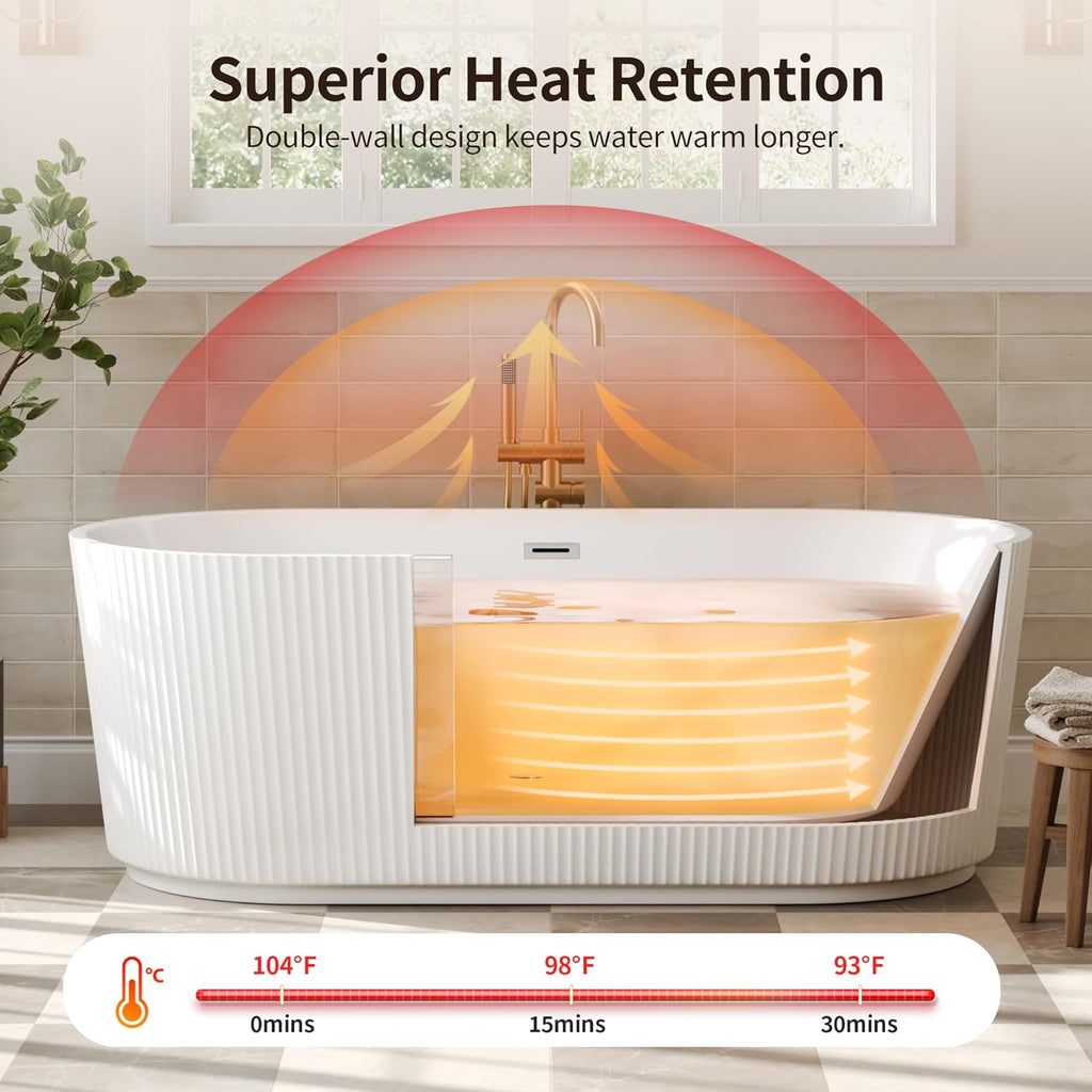 67" Acrylic Freestanding Bathtub, Easy Install Standalone Deep Soaking Tub with Fluted Design, Modern Ergonomic
