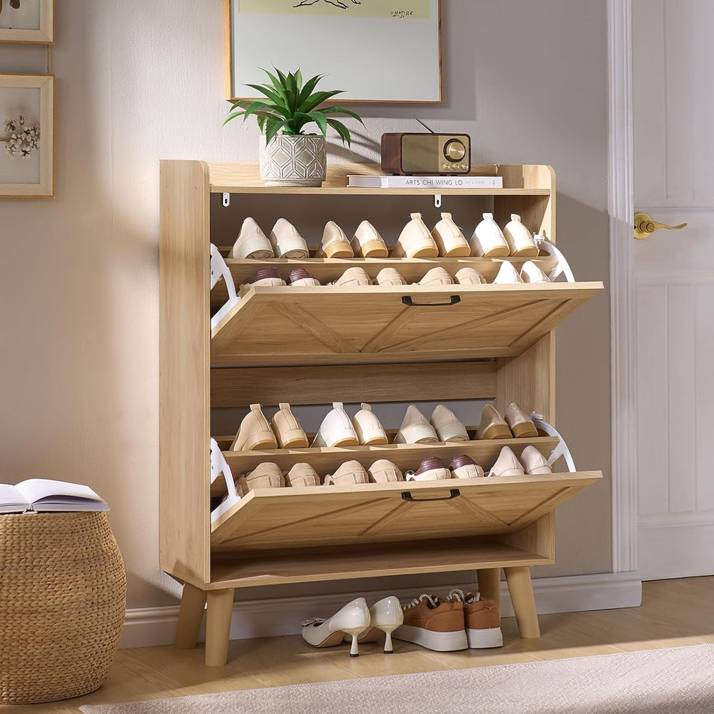 Shoe Cabinet Storage with 2 Flip Drawers Rack Narrow Organizer Slim Hidden Wood Shoe Cabinet Furniture Natural