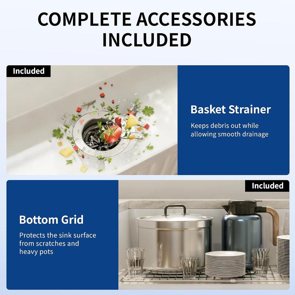 White Farmhouse Sink Apron Front Farm Kitchen Sink 33 inch | Single Bowl Deep Drop-in Undermount Reversible Sinks